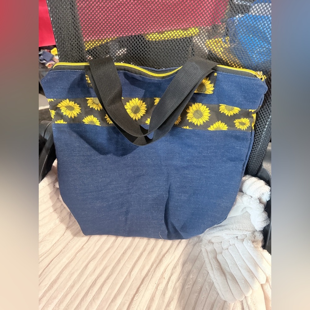 Handmade sunflower and recycled jeans tote.